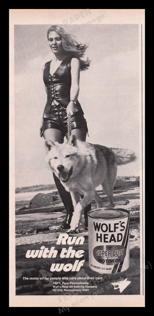 Wolf's Head Motor Oil 1970s Print Advertisement Ad 1972 "Run with the Wolf" Legs Fetch the Paper!