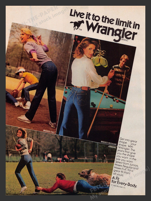 Wrangler 1980s Print Advertisement Ad 1983 Jeans Billiards Football Baseball Fetch the Paper!