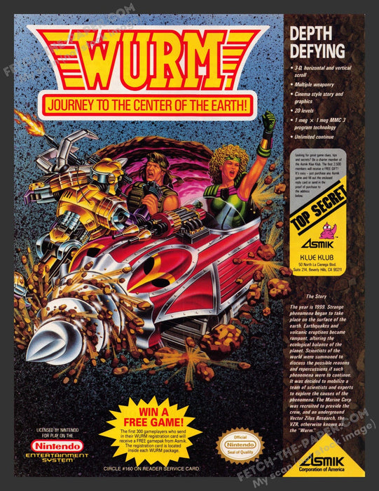 1991 Print Advertisement Wurm: Journey to the Center of the Earth Video Game Ad.