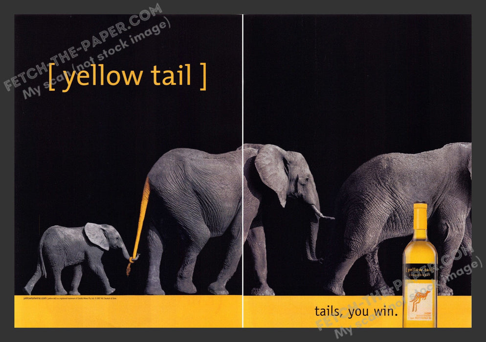 2007 Print Advertisement 2 Page Yellow Tail African Elephants Alcohol Animals Ad.