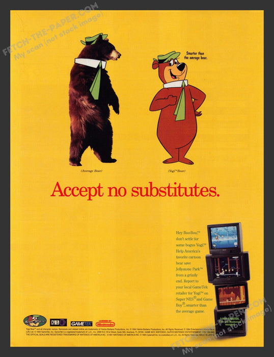 1994 Print Advertisement Yogi Bear Save Jellystone Park Video Game Ad.