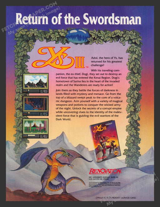 1991 Print Advertisement YS III: Return of the Swordsman Video Game Ad.