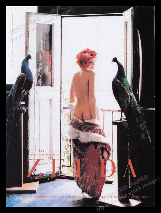 Zelda Clothing 1990s Print Advertisement Ad 1993 Peacock Birds Naked Backside Fetch the Paper!