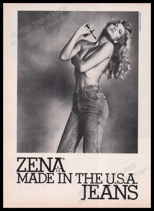 Zena Jeans 1980s Print Advertisement Ad 1986 Topless Model Curves Fetch the Paper!
