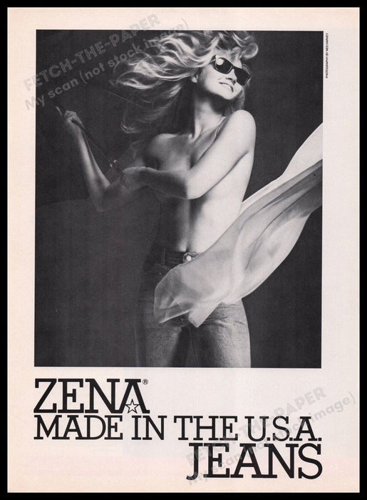 Zena Jeans 1980s Print Advertisement Ad 1986 Topless Model Sunglasses Fetch the Paper!