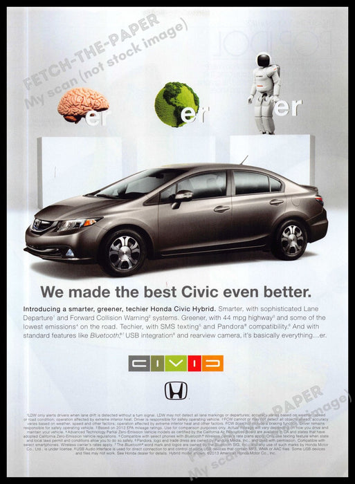 Honda Civic 2010s Magazine Print Advertisement 2013 Greener Techier Hybrid