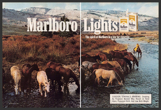 1987 Marlboro Lights Cowboy Roundup River Horses Print Advertisement (2 Pgs) Marlboro