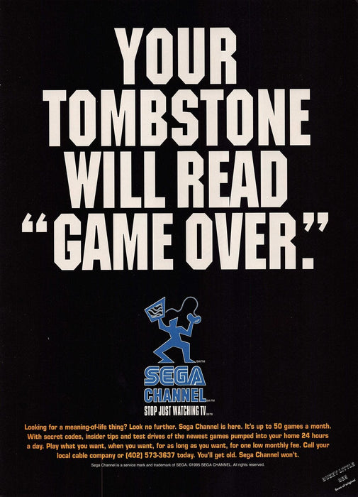 1995 Print Advertisement Sega Channel "Game Over" Tombstone A539 Fetch-the-Paper