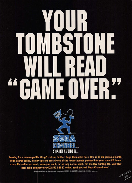 1995 Print Advertisement Sega Channel "Game Over" Tombstone A539 Fetch-the-Paper