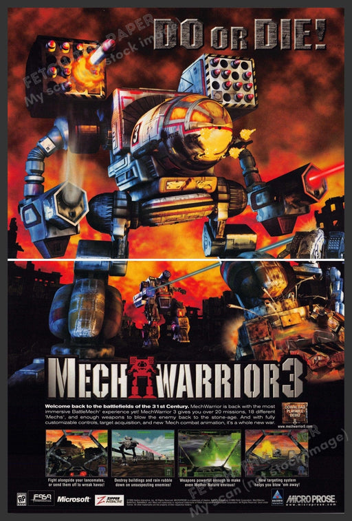 1999 Mech Warrior 3 "Do or Die!" Video Game Print Advertisement (2 pgs) Mech Warrior 3