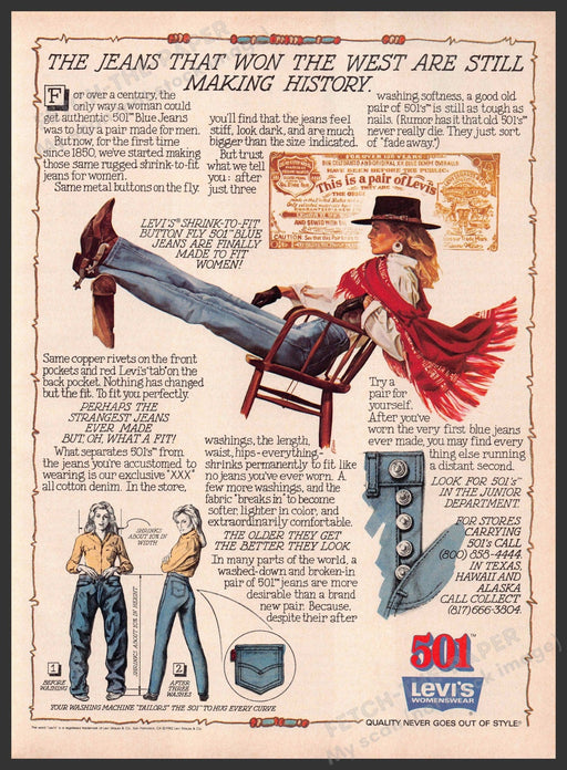 501 Levi's Jeans 1980s Print Advertisement 1983 Still Making History Fetch-the-Paper