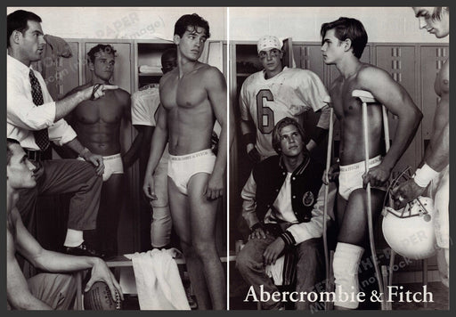 Abercrombie & Fitch 1990s Print Advertisement (2 pg) 1995 Football Locker-room Fetch the Paper!