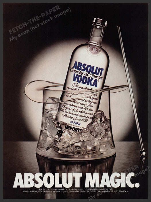 Absolut Magic Vodka 1980s Print Advertisement Ad 1987 Glass Hat Ice Bucket Fetch-the-Paper