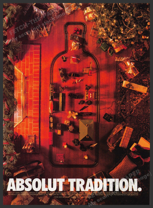 Absolut Tradition 1990s Print Advertisement 1995 Christmas Train Layout Fetch the Paper!