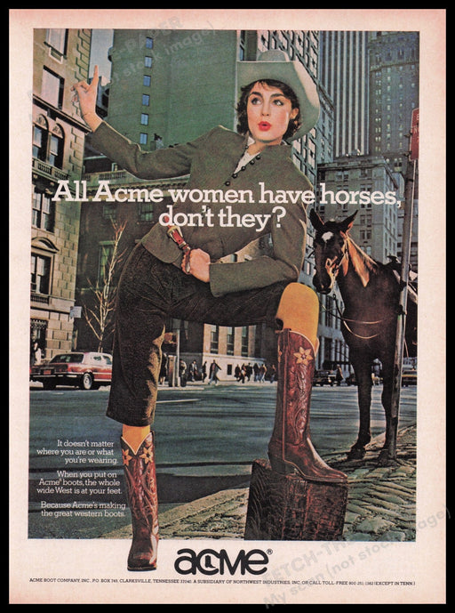 Acme Western Boots 1980s Print Advertisement Ad 1980 Horse in the City Fetch the Paper!