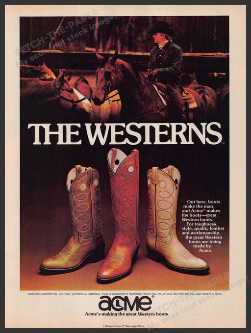 Acme Western Boots The Westerns 1970s Print Advertisement 1979 Horse Fetch-the-Paper