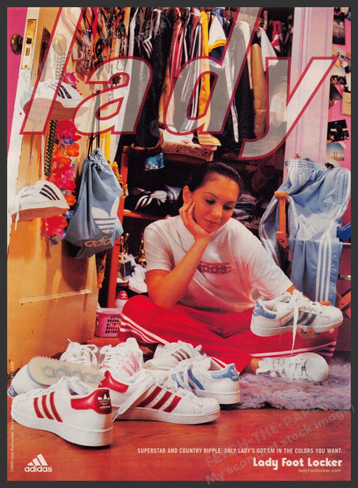 Adidas Lady Foot Locker 2000s Print Advertisement Ad 2001 Superstar Ripple Fetch-the-Paper