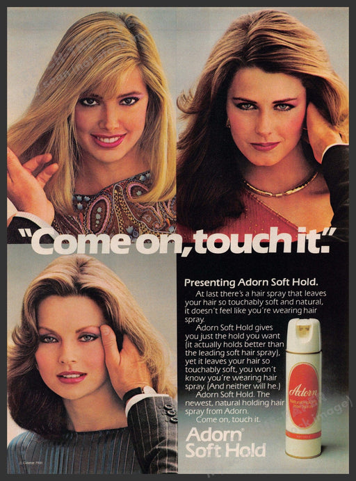 Adorn Soft Hold Hair Spray 1980s Print Advertisement 1981 Man's Hand Hair Fetch-the-Paper
