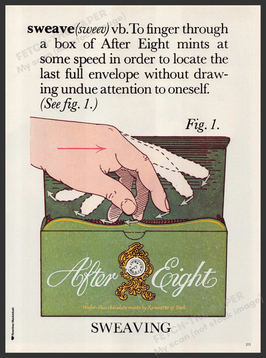 After Eight Mints "sweave" 1980s Print Advertisement Ad 1982 Illustration Fetch the Paper!