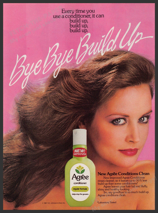 Agree Hair Conditioner 1980s Print Advertisement Ad 1981 "Bye Bye Buildup" Fetch-the-paper.com