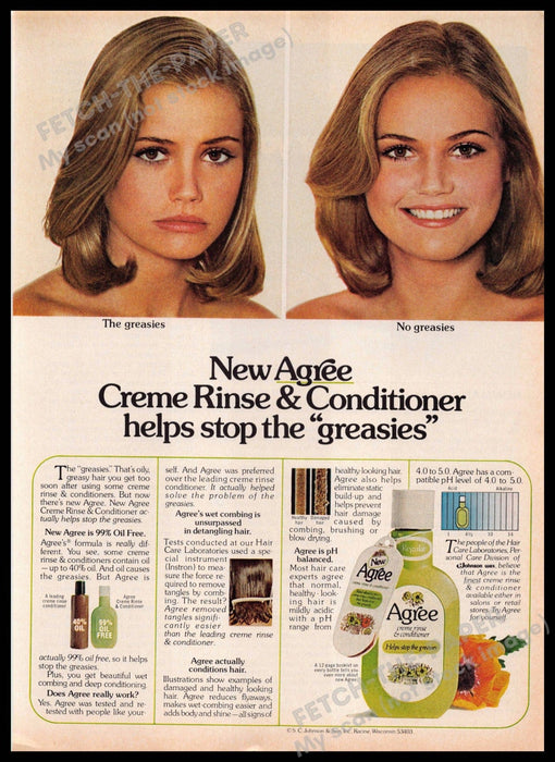 Agree Shampoo 1970s Print Advertisement 1977 "The greasies. No greasies." Agree Shampoo