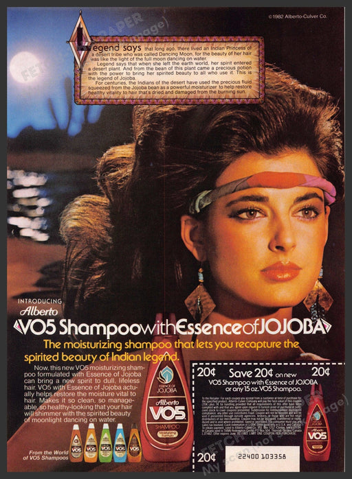 Alberto V05 Jojoba 1980s Print Advertisement 1982 Indian Princess Fetch-the-Paper
