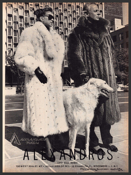 Alex Andros Furs 1980s Print Advertisement 1986 Borzoi Dog Fetch-the-Paper