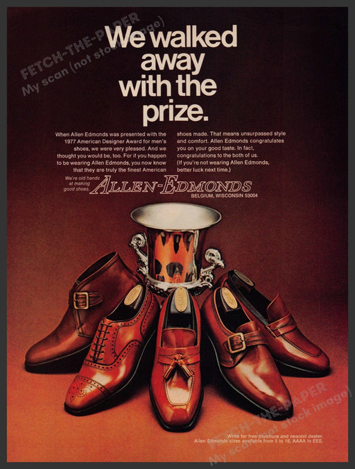 Allen-Edmonds Men's Shoe Designer Award 1970s Print Advertisement Ad 1977 Fetch-the-Paper