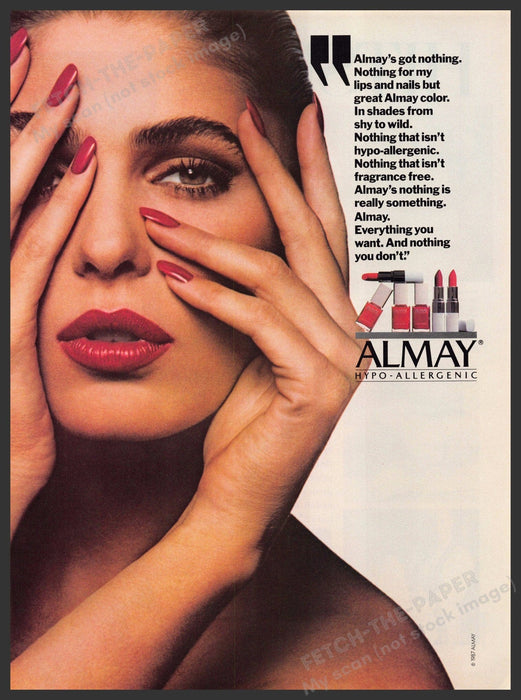 Almay 1980s Print Advertisement Ad 1987 Hands Shades from "Shy to wild" Almay