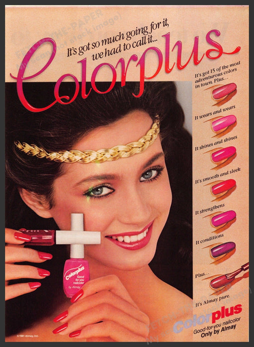 Almay Colorplus 1980s Print Advertisement 1982 Nails Gold Headband Almay