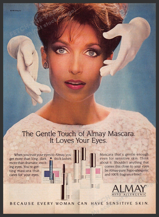 Almay Cosmetics 1980s Print Advertisement 1984 Mascara Eyes Hands Fetch-the-Paper