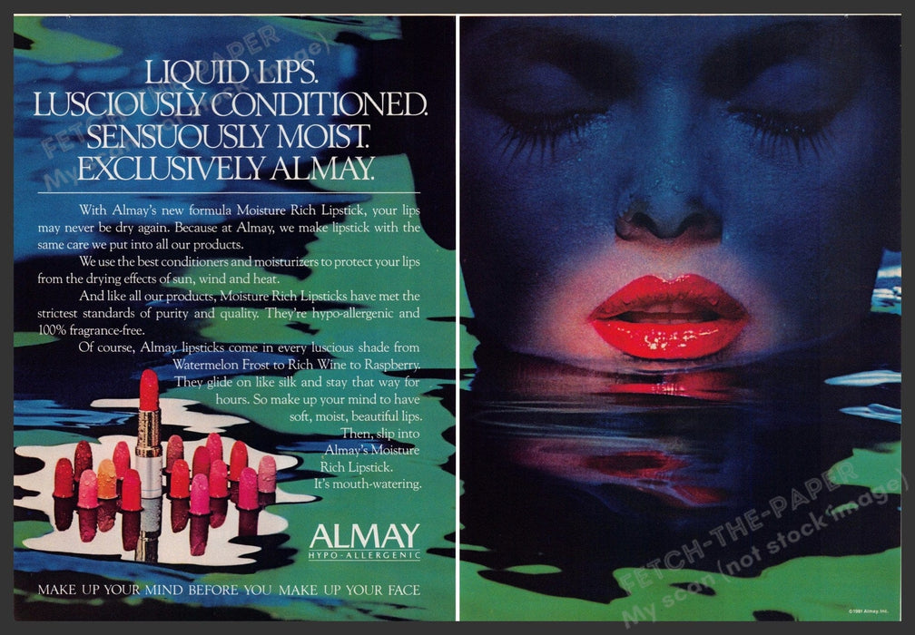 Almay Liquid Lips 1980s Print Advertisement (2 pages) 1982 Green Pool Lips Almay