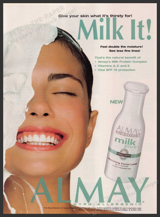 Almay Milk Plus Moisturizer 2000s Print Advertisement Ad 2001 Poured Over Head Fetch-the-Paper