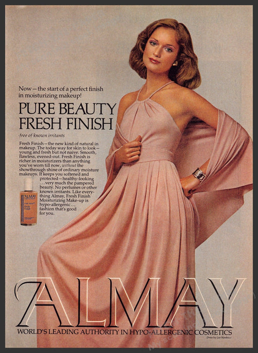 Almay Pure Beauty Fresh Finish 1970s Print Advertisement 1976 Model Pink Flowing Fetch-the-Paper