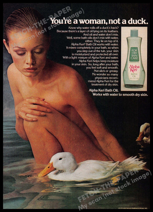 Alpha Keri 1970s Print Advertisement 1977 Bath Oil Bare Skin Ducks Water Pool Alpha Keri