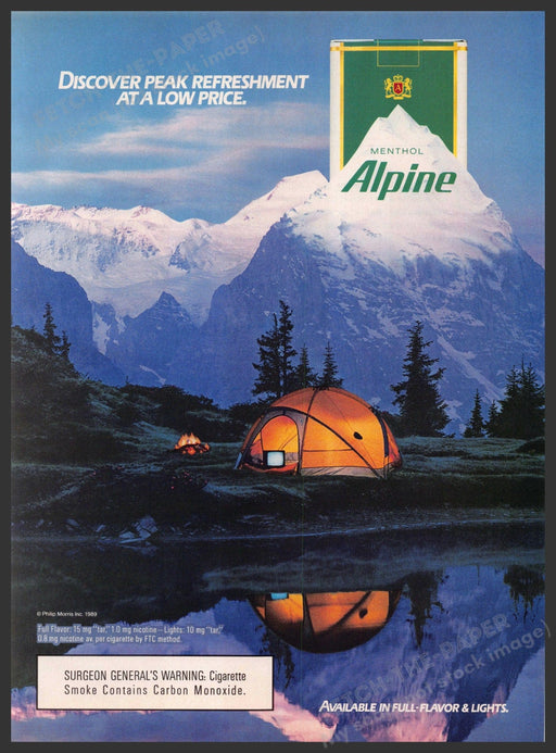 Alpine Menthol Cigarettes 1980s Print Advertisement 1989 Mountains Tent Lake Alpine Menthol