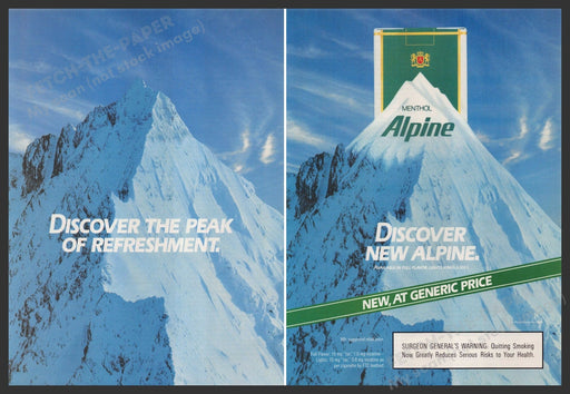 Alpine Menthol Cigarettes 1980s Print Advertisement (2 page centerfold) 1989 Fetch-the-Paper