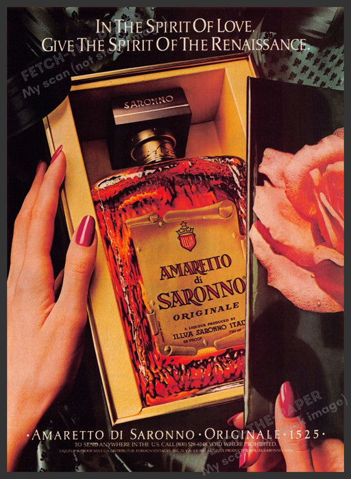 Amaratto di Saronno 1980s Print Advertisement 1982 Box Spirit Gift Ranaissance Fetch-the-Paper