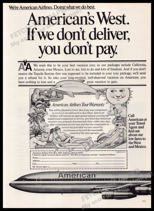 American Airlines Tour Warranty 1970s Magazine Print Ad 1976 West American Airlines