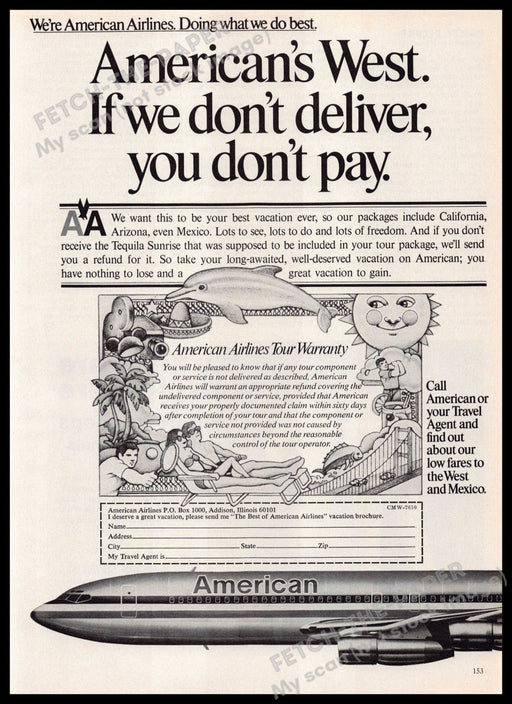 American Airlines Tour Warranty 1970s Magazine Print Ad 1976 West American Airlines