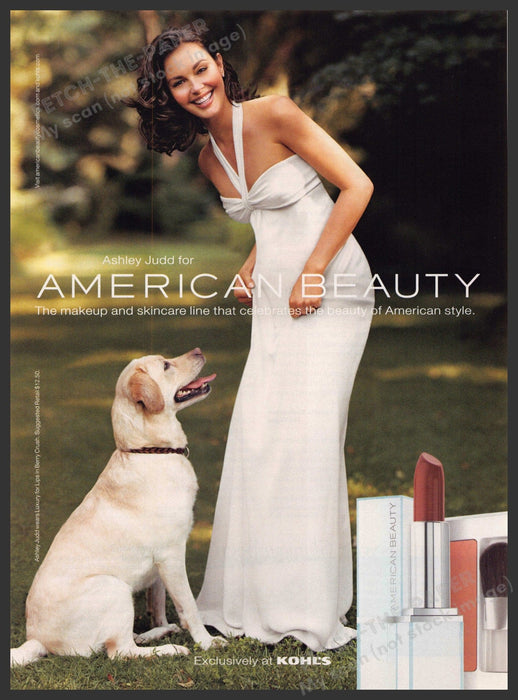 American Beauty Ashley Judd 2000s Print Advertisement 2005 Yellow Lab Dog American Beauty