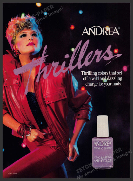 Andrea Thrillers Nail Color 1980s Print Advertisement 1984 Rocker Red Leather Fetch-the-Paper