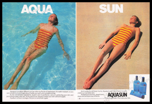 Aquasun Tanning Lotion 1980s Print Advertisement (2 pages) 1982 Sun Beach Water Fetch the Paper!