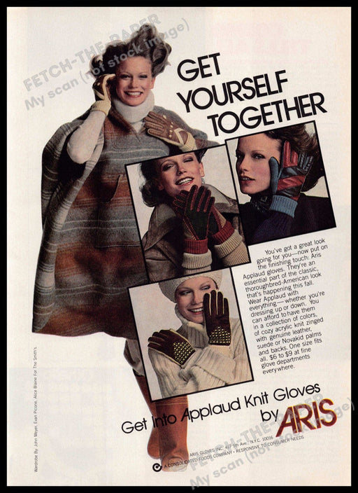 Aris 1970s Magazine Print Ad 1976 Applaud Knit Gloves "Get yourself together" Aris