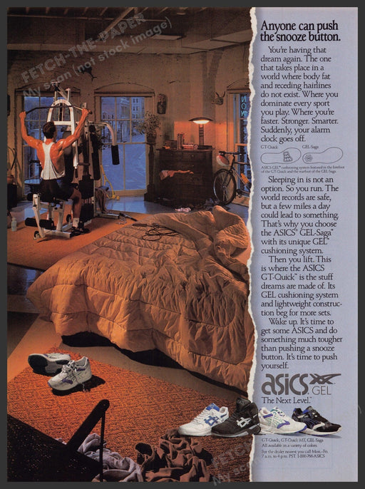 Asics Gel Shoes 1990s Print Advertisement Ad 1992 "Anyone can push the snooze" Fetch-the-Paper