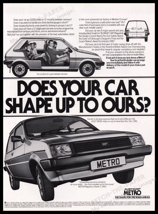 Austin Metro Car 1980s Print Advertisement Ad 1982 "Shape for the road ahead" Fetch the Paper!