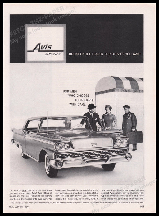 Avis Rent-a-Car 1950s Print Advertisement Ad 1959 "Finest Fords Ever Built" Fetch the Paper!