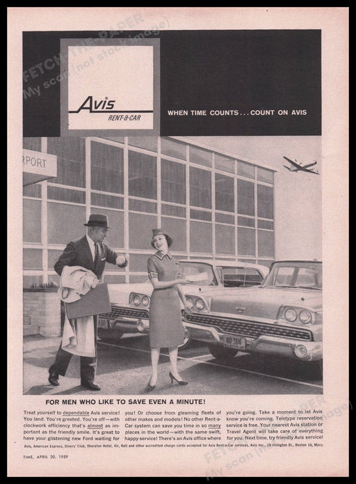 Avis Rent-a-Car 1950s Print Advertisement Ad 1959 "When time counts..." Fetch the Paper!