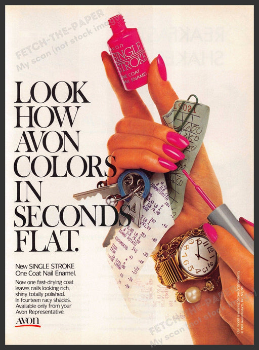 Avon 1980s Print Advertisement 1987 Nails "Look how Avon colors in seconds flat" Avon