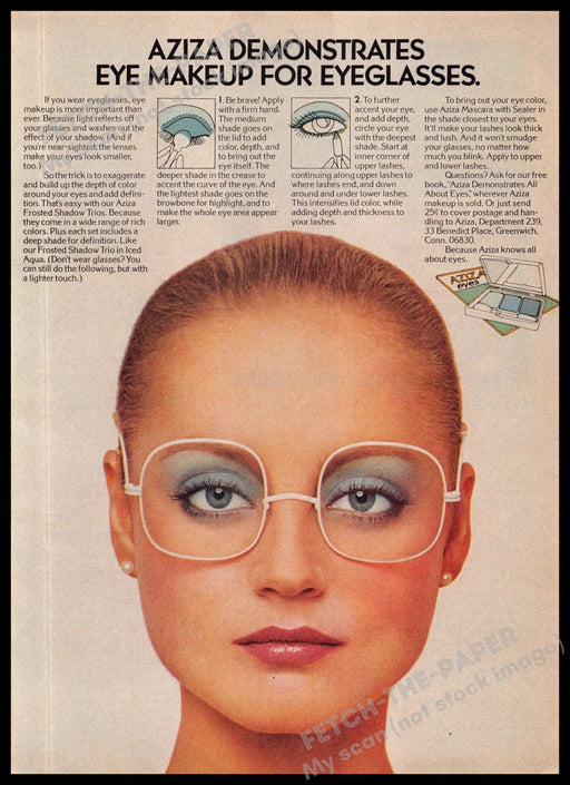 Aziza 1970s Magazine Print Ad 1975 Face Close-up Eye Makeup for Eyeglasses Aziza